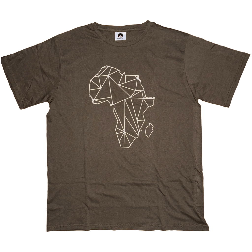 A brown short-sleeve crewneck t-shirt featuring a white geometric line art graphic of the continent Africa on the chest, displayed flat against a white background.