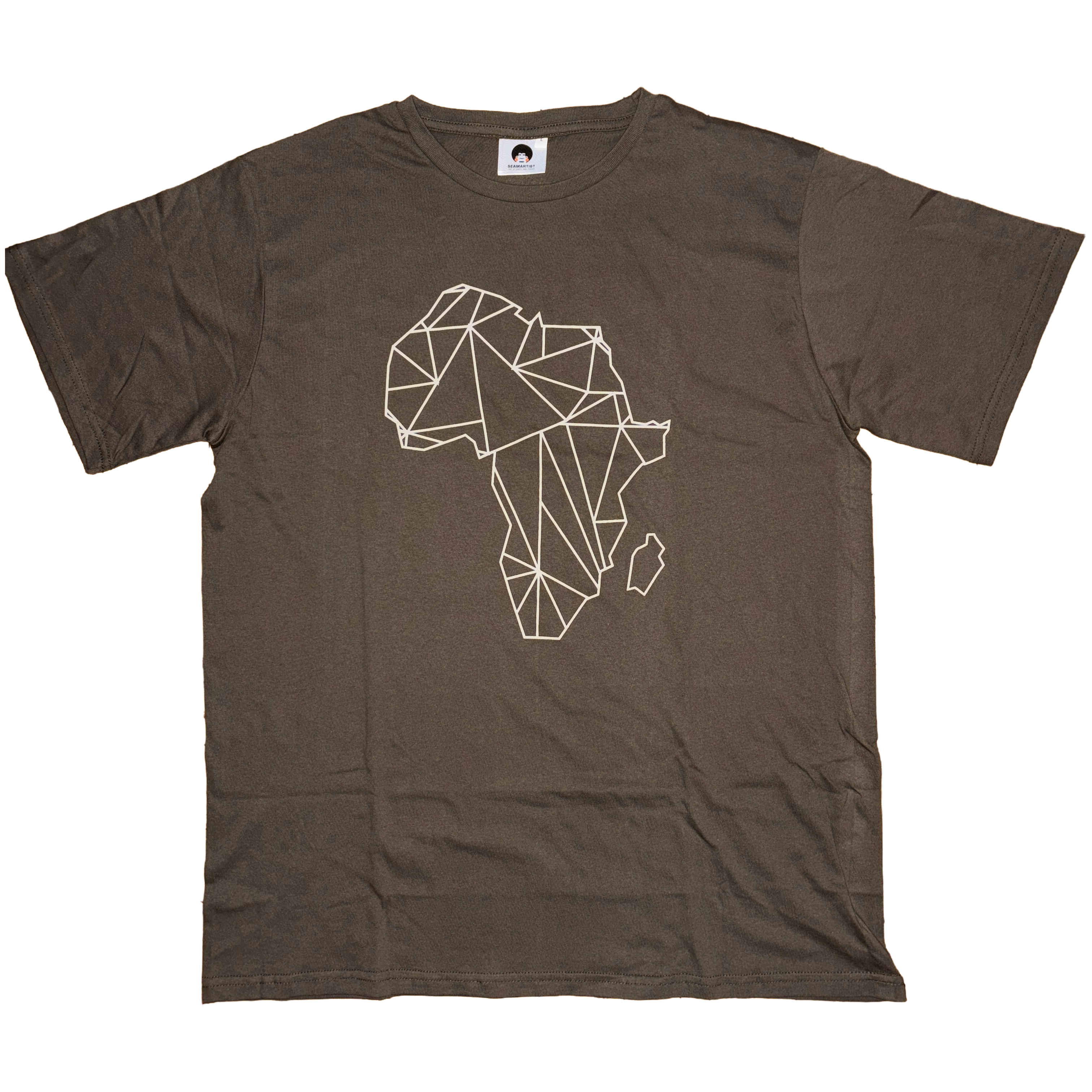 A brown short-sleeve crewneck t-shirt featuring a white geometric line art graphic of the continent Africa on the chest, displayed flat against a white background.