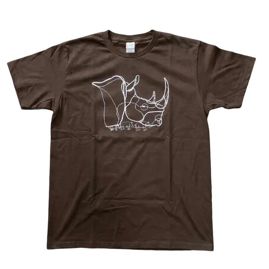 A brown short-sleeve crewneck t-shirt with a cream line art graphic of a rhinoceros  on the chest, displayed flat against a solid white background.