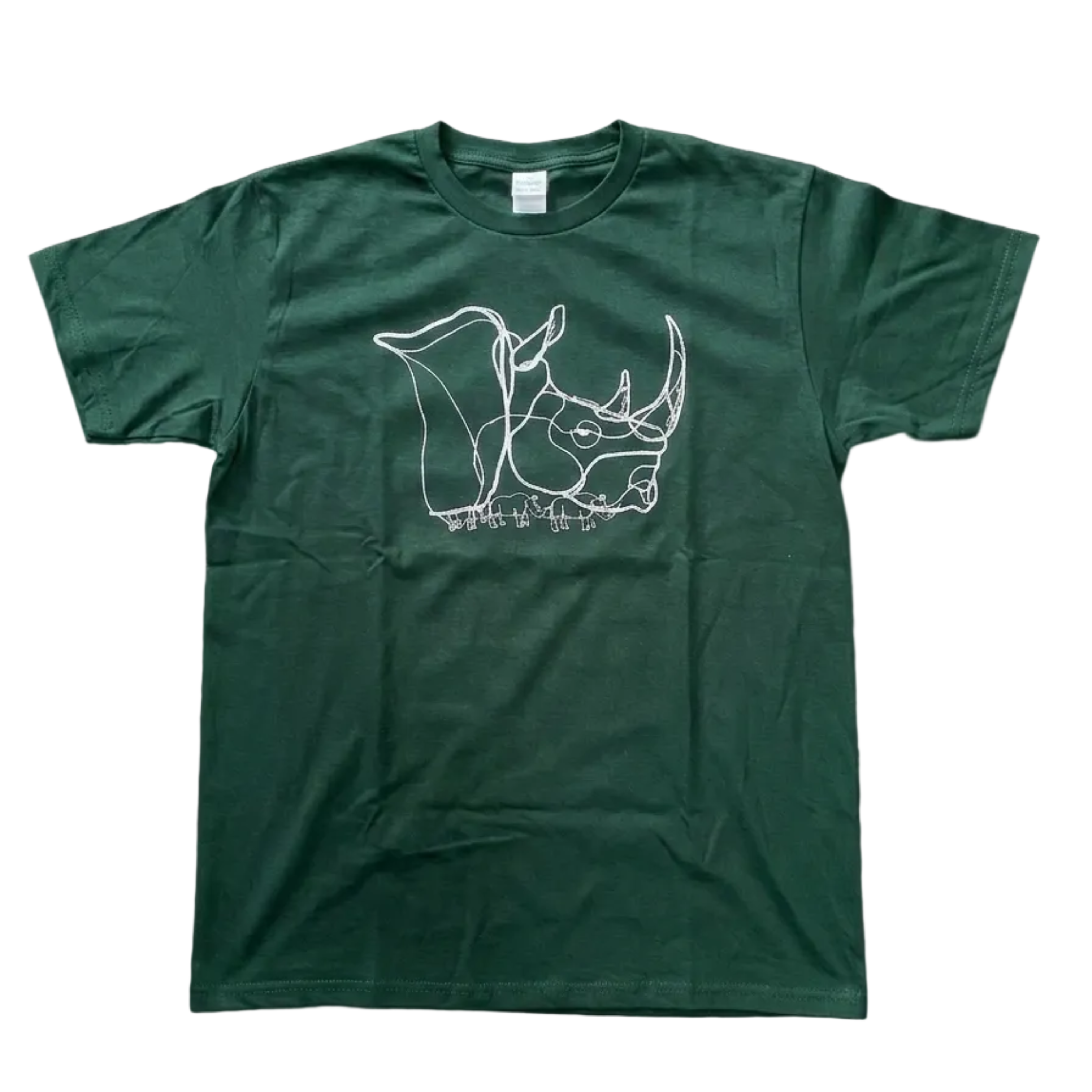 A dark green short-sleeve crewneck t-shirt featuring a white line art graphic of a rhinoceros on the chest, displayed flat against a solid white background.