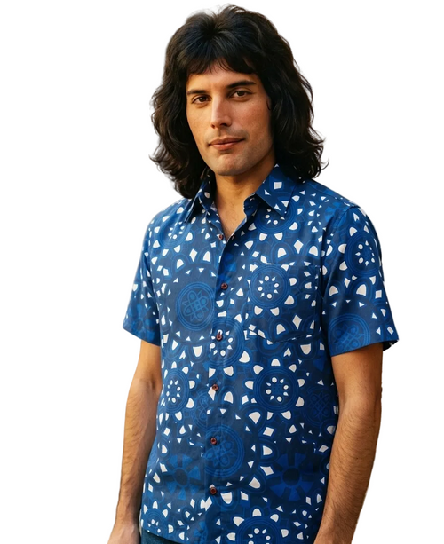A man with long dark hair stands  wearing a blue short-sleeve button-up shirt with a white geometric pattern.