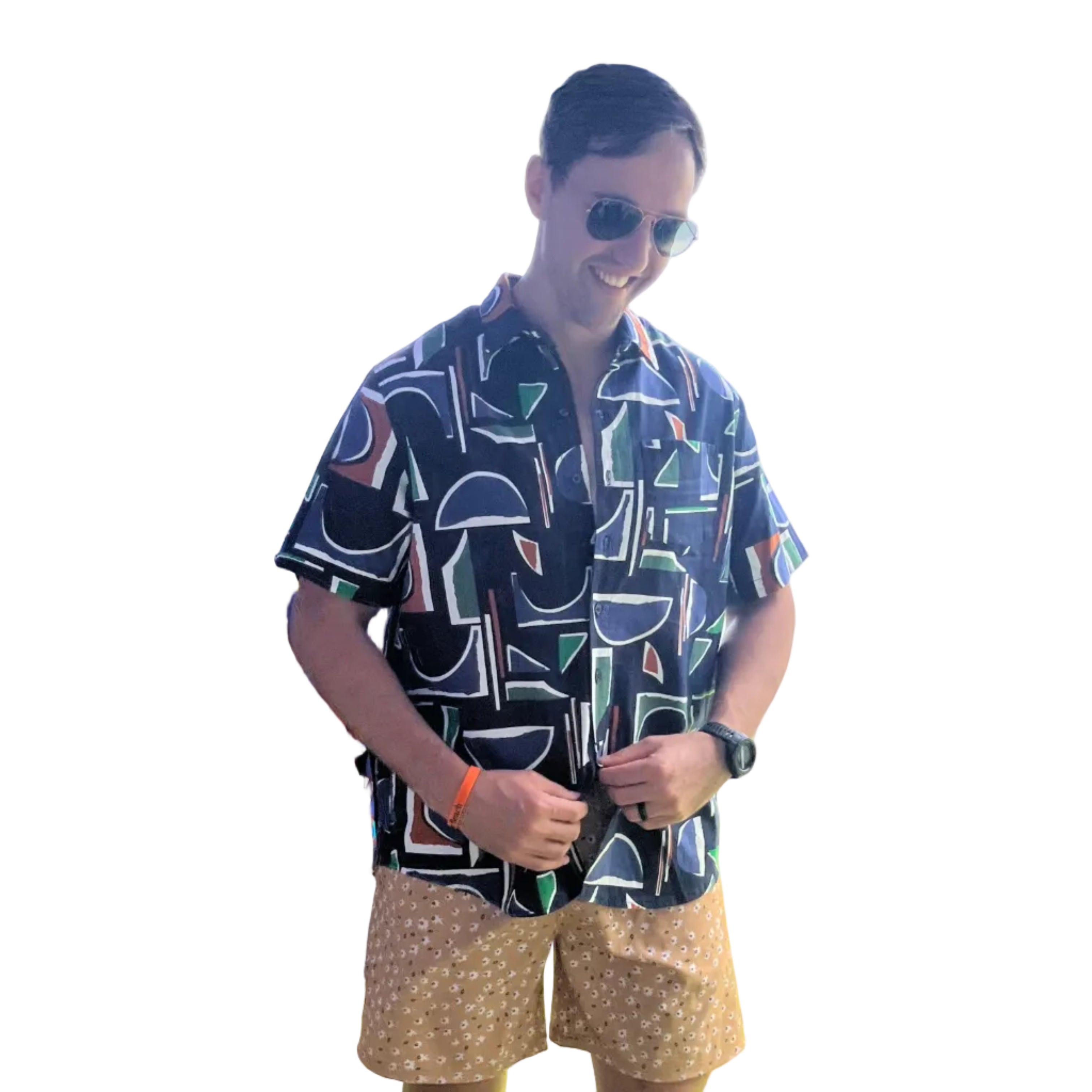 Navy Blue Deco Printed Linen SS Button-up Shirt - Hott Item!