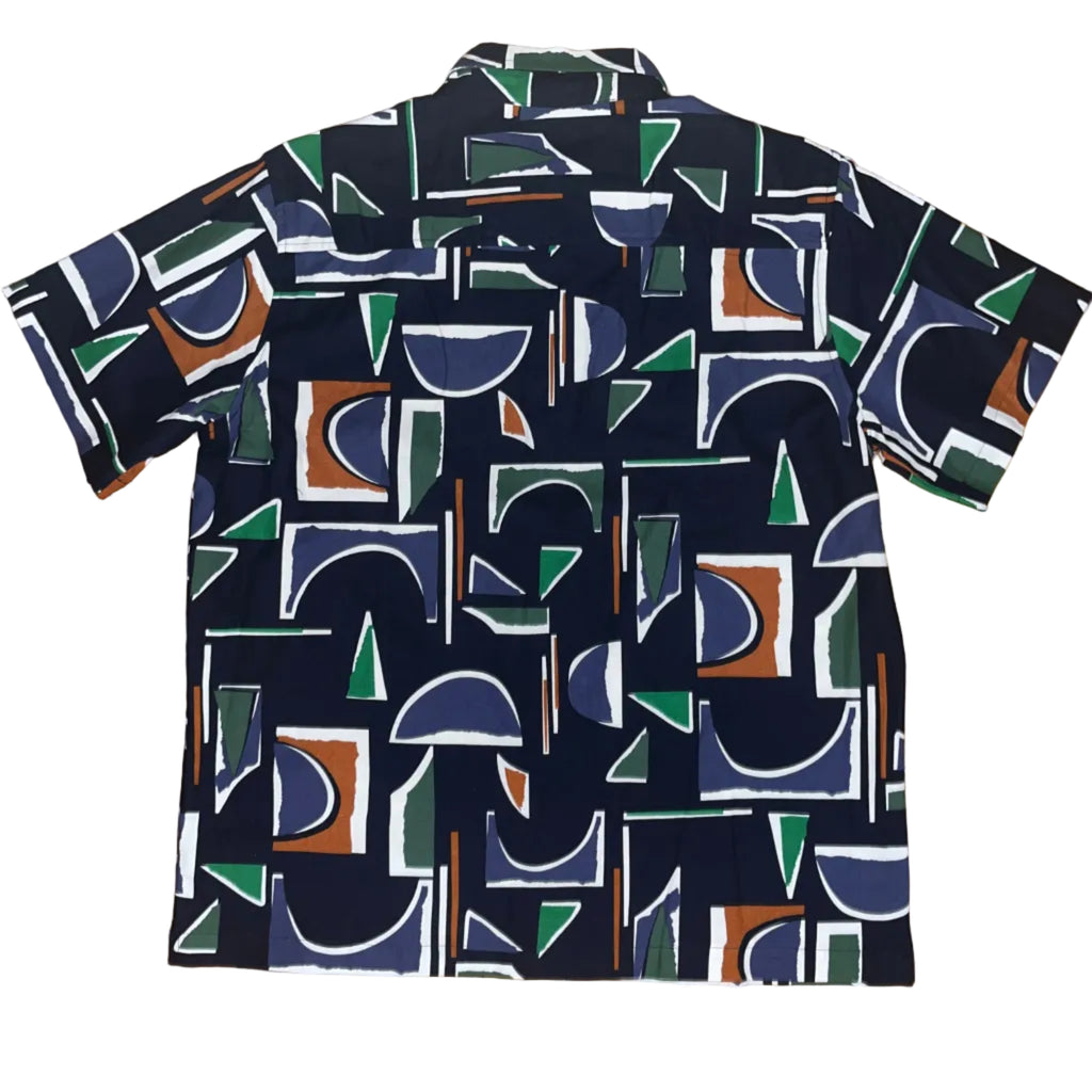 Navy Blue Deco Printed Linen SS Button-up Shirt - Hott Item!