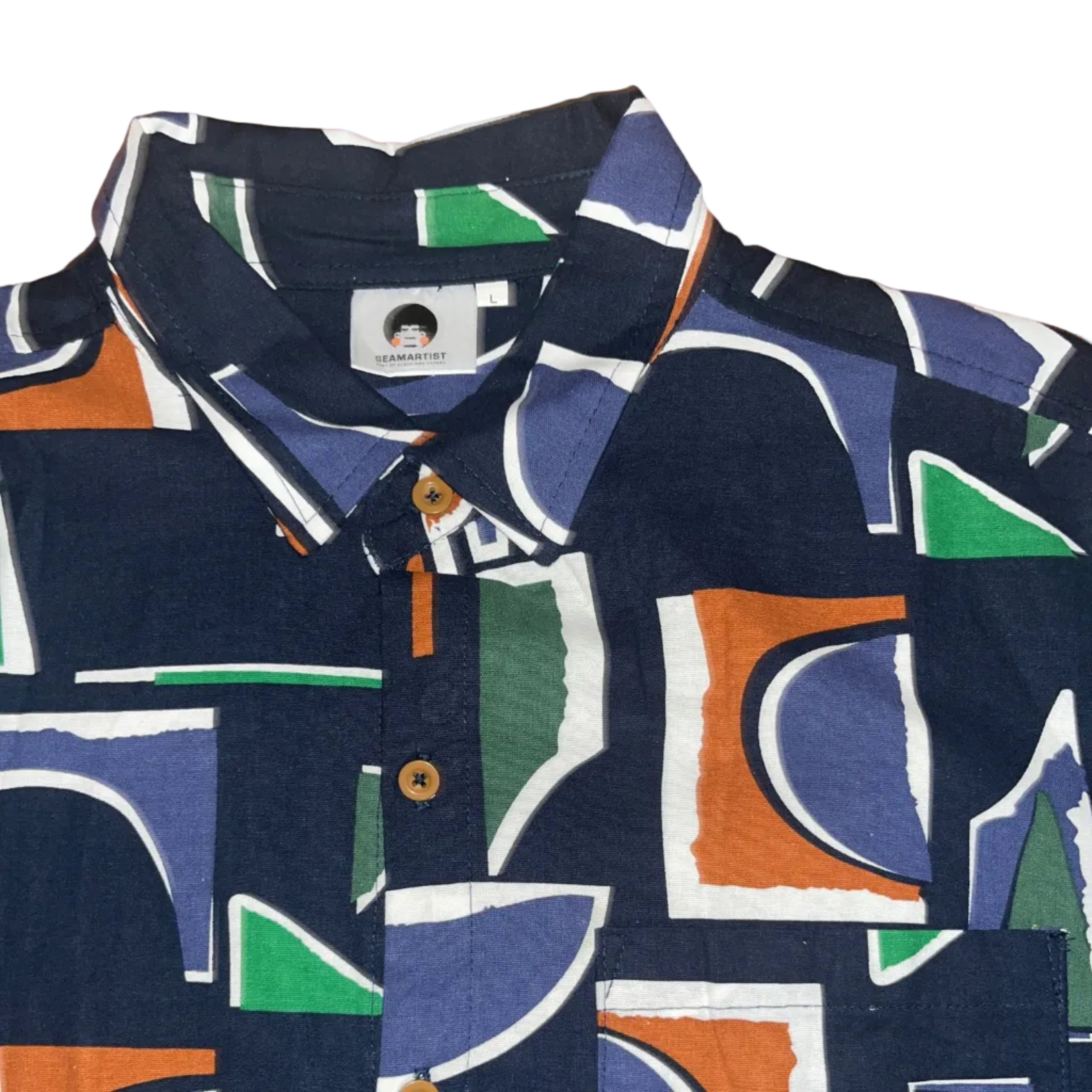 Navy Blue Deco Printed Linen SS Button-up Shirt - Hott Item!