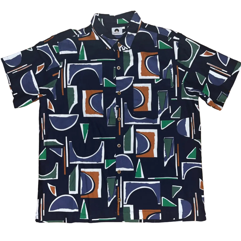 Navy Blue Deco Printed Linen SS Button-up Shirt - Hott Item!