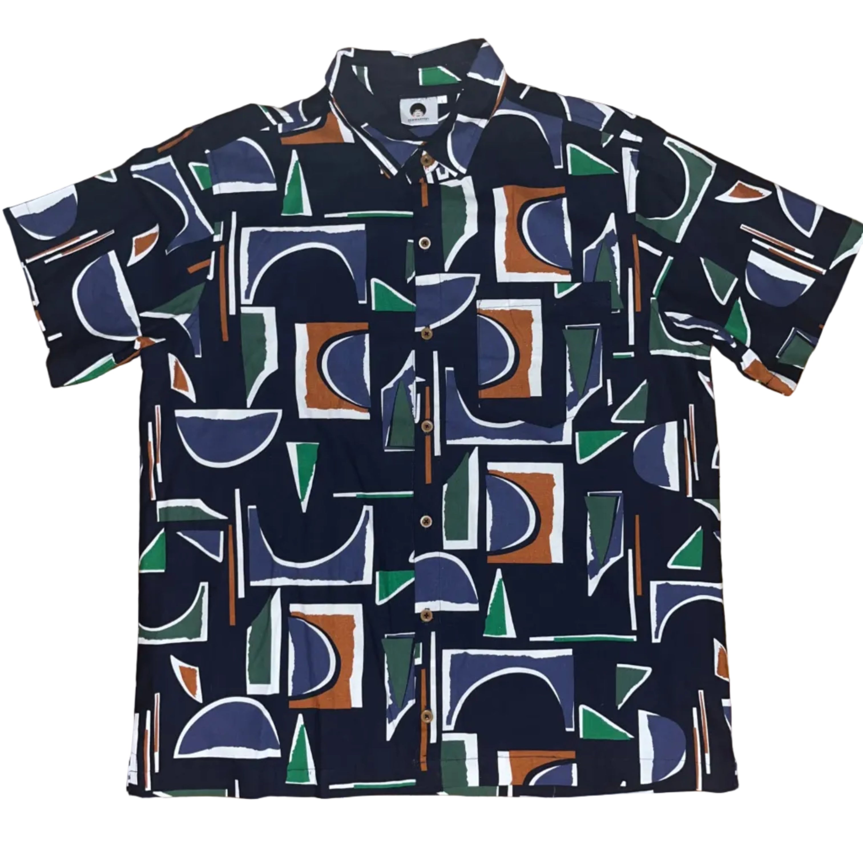 Navy Blue Deco Printed Linen SS Button-up Shirt - Hott Item!